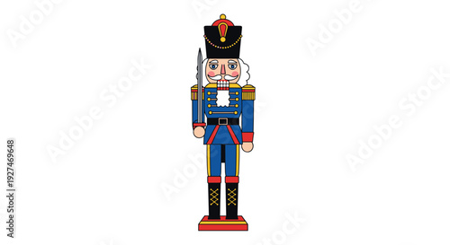 Traditional wooden nutcracker soldier figure in a blue and red uniform holding a sword for classic Christmas holiday decoration and gift themes.