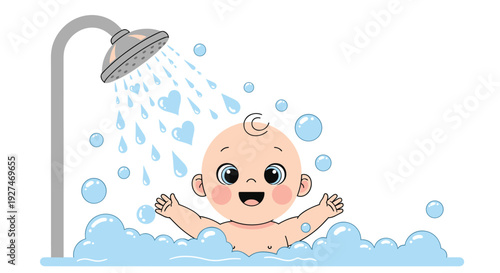 Happy little baby boy taking a refreshing shower with soap bubbles and heart shaped water drops for bath time and hygiene products themes.