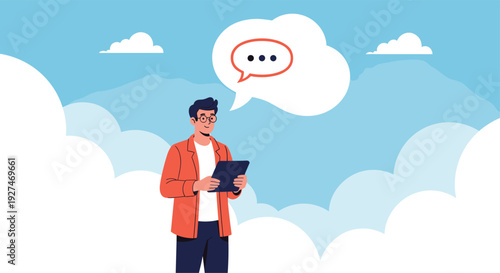 Man in orange jacket holds digital tablet and looks at speech bubble in front of beautiful mountain landscape with white clouds.