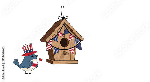 Patriotic blue bird wearing uncle sam hat holds american flag heart while standing next to wooden birdhouse with bunting flags.