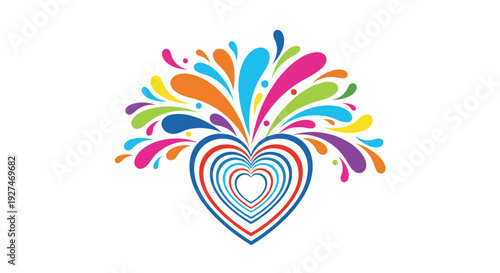 Vibrant heart symbol features multiple layers and colorful liquid splashes erupting from top against clean white background.