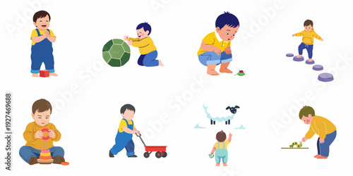 Collection of illustrations depicting happy babies and toddlers engaged in developmental play, discovery, and interaction with nature and toys.
