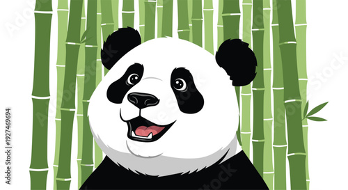 Portrait of joyful smiling panda bear with open mouth and bright eyes stands in front of dense green bamboo grove stalks.