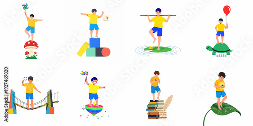 Illustrations of boys engaged in imaginative play and balancing acts, symbolizing childhood adventure, learning, and skill development.