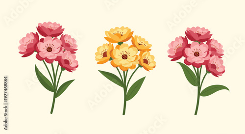 Three vibrantly colored bouquets of stylized flowers, including pink, red, yellow, and orange blossoms with green stems and leaves, set against a light background.