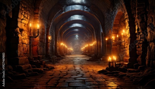Mysterious Dungeon Corridor Illuminated by Flickering Candles and Distant Light.