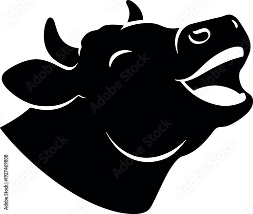 Black Silhouette of a Cow Head in Smiling Expression on White Background