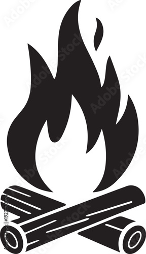 Campfire with Wooden Logs Black Silhouette Icon,Outdoor Bonfire Camping Symbol Vector Illustration