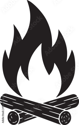 Campfire with Wooden Logs Black Silhouette Icon,Outdoor Bonfire Camping Symbol Vector Illustration