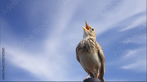 skylark. Skylark singing atop a tall utility pole against clear blue sky. wildlife magazines, conservation campaigns, designed for eco-tourism storytelling, supports conservation.
