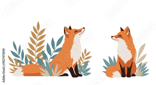 Two charming red foxes sit peacefully amidst a vibrant array of blue and golden autumn foliage in a delightful woodland illustration.