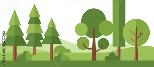 Vector illustration of a minimalist forest scene with various types of trees, bushes, and rolling hills in a flat design style
