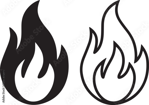 Solid and Outline Flame Icons Set Vector,Fire Symbol Collection Black Silhouette and Line Style