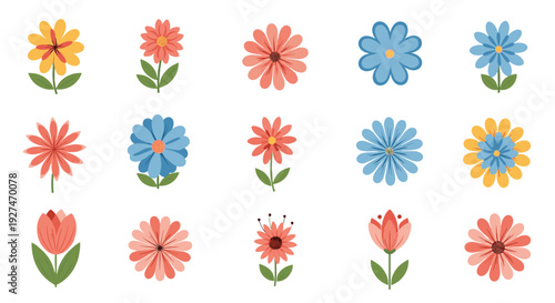 An assortment of beautifully drawn spring and summer flowers in cheerful colors, showcasing different petal designs on a clean background.