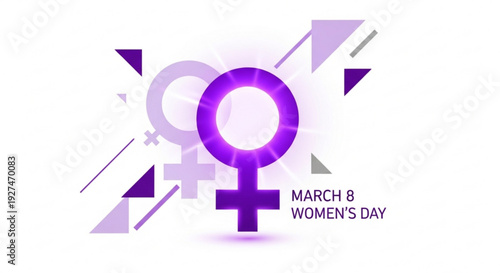 International women's day logo with purple symbols and march 8 text on white background celebrating female empowerment and gender equality