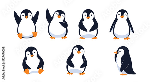 A delightful collection of seven charming cartoon penguins showcasing a variety of happy and playful poses on a clean white background.