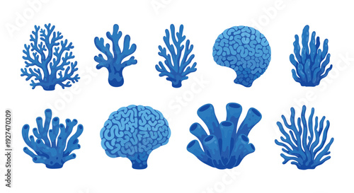Stylized vector art of diverse blue coral forms, capturing the beauty of ocean environments and reef systems, isolated on white.