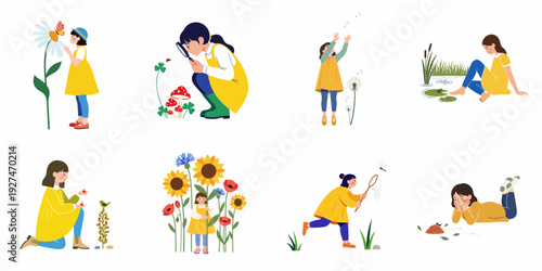 Children exploring and interacting with nature, observing insects, plants, and outdoor life in various delightful scenes.