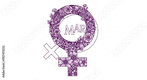 Purple floral venus symbol with 'mar' text female empowerment and equality sign with flowers