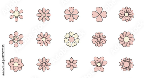 Adorable graphic set showcasing various sweet pink and cream flower icons, ideal for spring themes, crafts, and decorative projects.