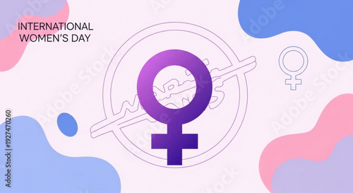 International women's day celebration with purple female symbol on pink and blue abstract background