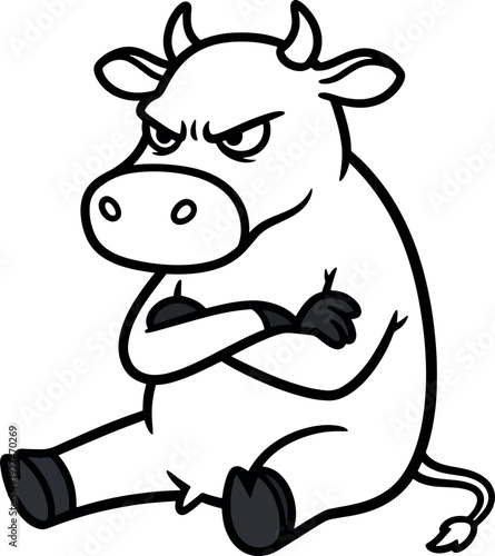 Angry Cartoon Cow Sitting Crossed Arms on White Background