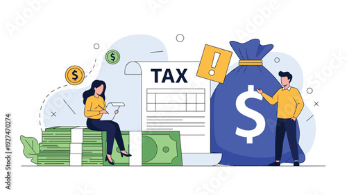 Financial tax assessment and payment concept with professional team managing income reports and money bags.