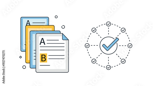 Professional document verification and compliance process illustrated with a stack of papers and a circular checkmark chart.