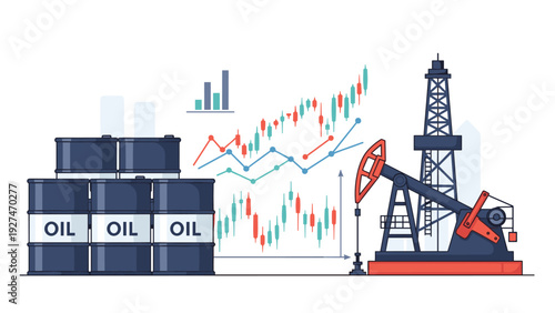 Global oil market and fuel industry analysis concept with barrels pumpjack and price fluctuations charts.
