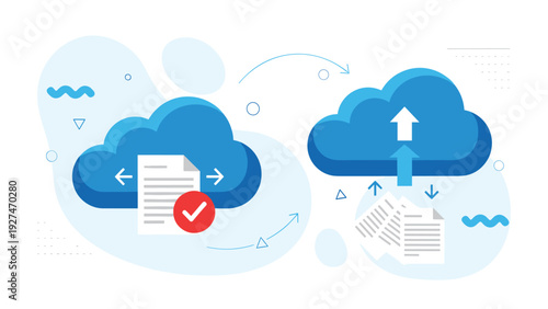 Secure cloud computing data storage and file transfer process shown with synchronized folders and successful upload checkmark.