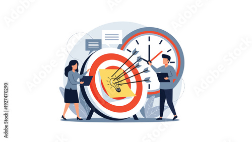 Business team working together to achieve goals and meet deadlines illustrated with a large target and a clock background.