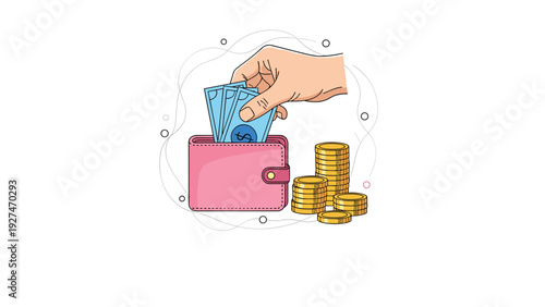 Financial management and savings concept with a hand putting money into a wallet beside stacks of golden coins on a white background.