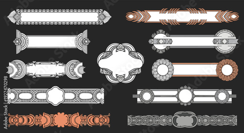 Elegant Art Deco ornamental borders, banners, and frames for classic design projects.