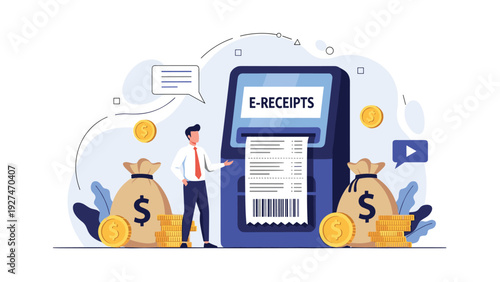 Digital transaction concept showing a professional man standing next to an automated machine printing a long electronic receipt.