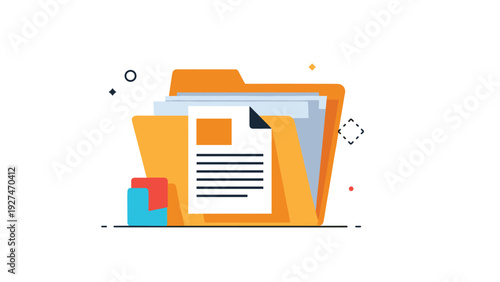 Business documentation folder filled with various papers and a highlighted file representing organization and information storage.