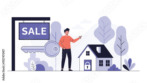 Real estate for sale concept featuring a man pointing at a suburban house with a large property key and a prominent sale sign.