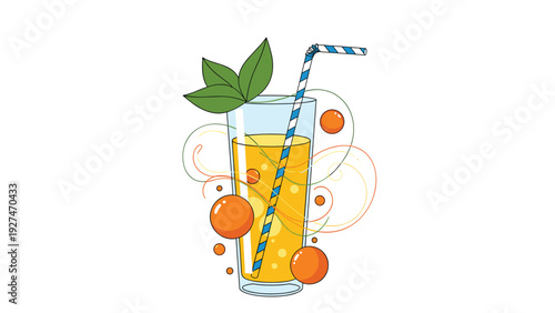Refreshing tall glass of citrus juice served with a striped straw and garnished with fresh green leaves and orange fruit accents.