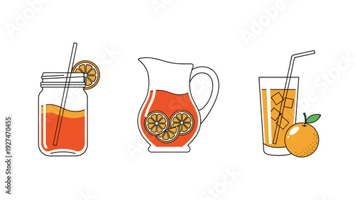 Set of refreshing orange beverages served in a mason jar, a large glass pitcher, and a tumbler with ice cubes and fruit slices.