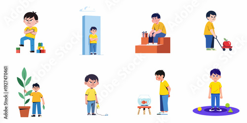 Vector illustrations of a young boy expressing anger, frustration, and disappointment in various childhood situations and challenges.
