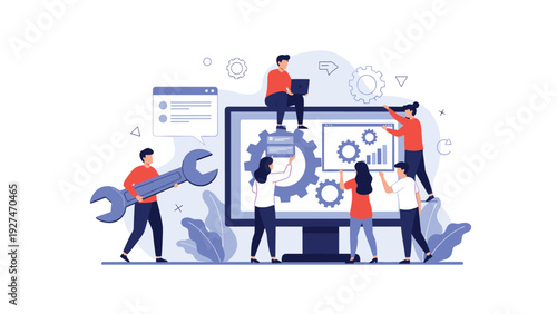 Collaborative team of professionals working on a computer screen to optimize system settings and manage technical workflows with gears.