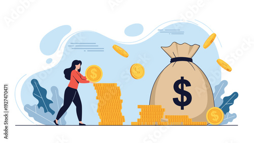 Financial success concept with a woman diligently stacking gold coins next to a massive bag marked with a large dollar sign.