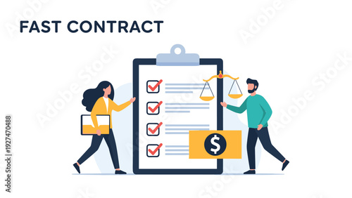 Efficient legal and financial agreement showing a man and woman managing a contract checklist with scales and money icons.