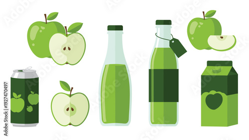 Collection of various apple products including whole green apples, juice in glass bottles, a metal can, and a cardboard carton.