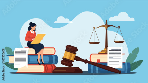 Law professional reading documents while sitting on stack of law books near gavel and scales of justice icon.