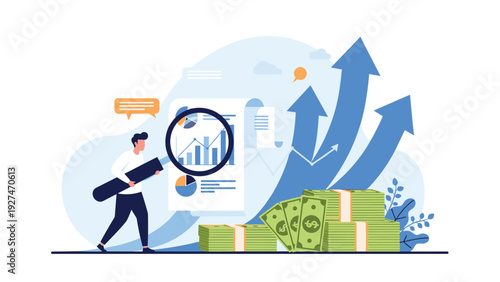 Financial analyst examining business growth and success with magnifying glass near money stacks and rising arrows.