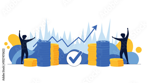 Business success and financial goal achievement concept with people celebrating near money stacks and growth chart.