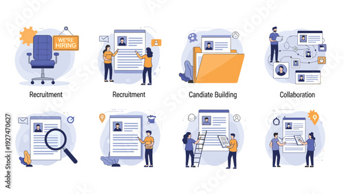 Human resources and recruitment icons set showing hiring process candidate building and professional team collaboration.