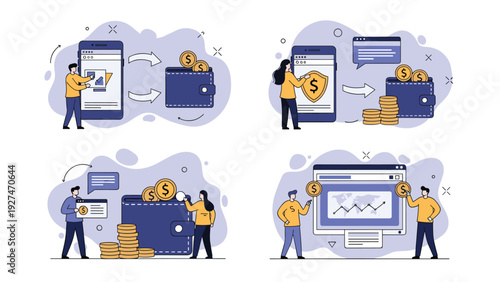 Digital financial services set including mobile wallet transactions online payments and data analysis dashboards.