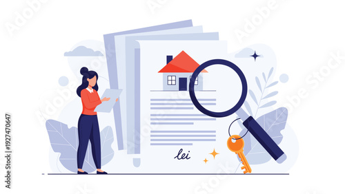Real estate search and property inspection concept with woman using magnifying glass to check house document papers.