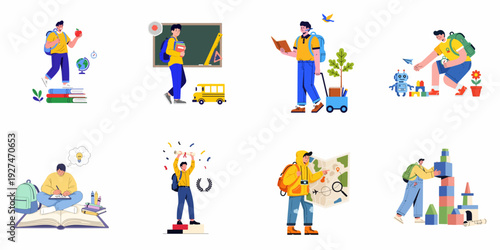 Youth Education and Development: Diverse Illustrations of Boys Exploring, Learning, Creating, and Achieving Academic Milestones.